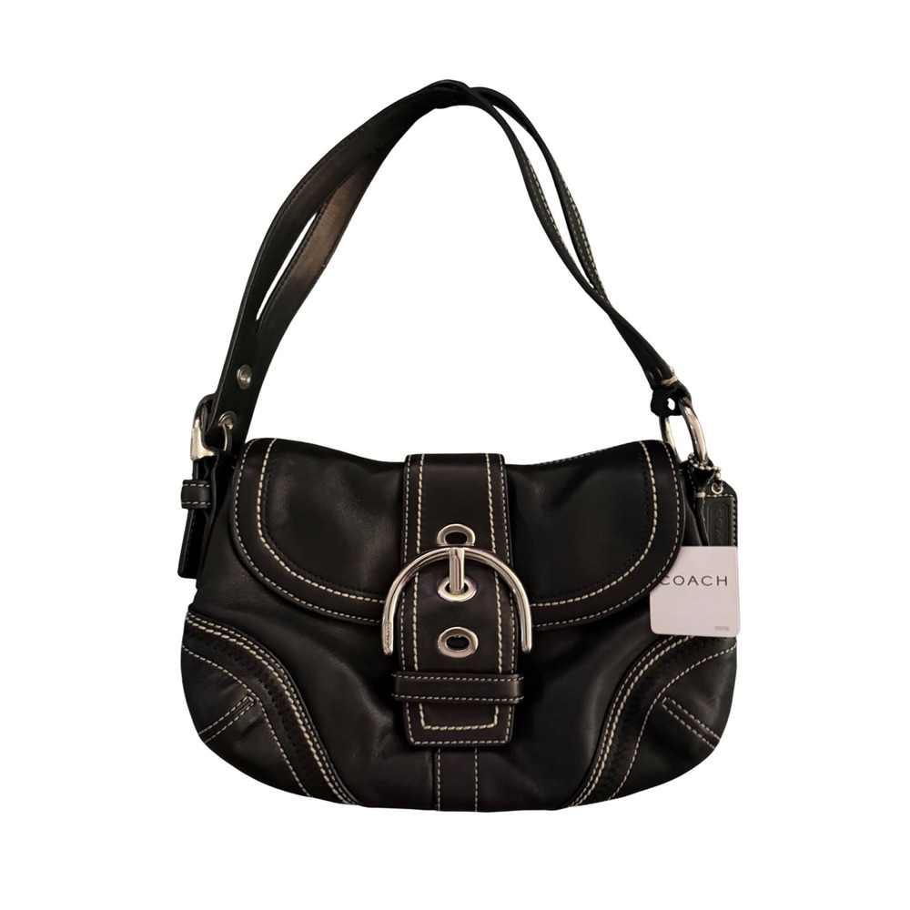 Coach Soho Black Leather Buckle Flap Shoulder Bag 10577 Contrast Stitch